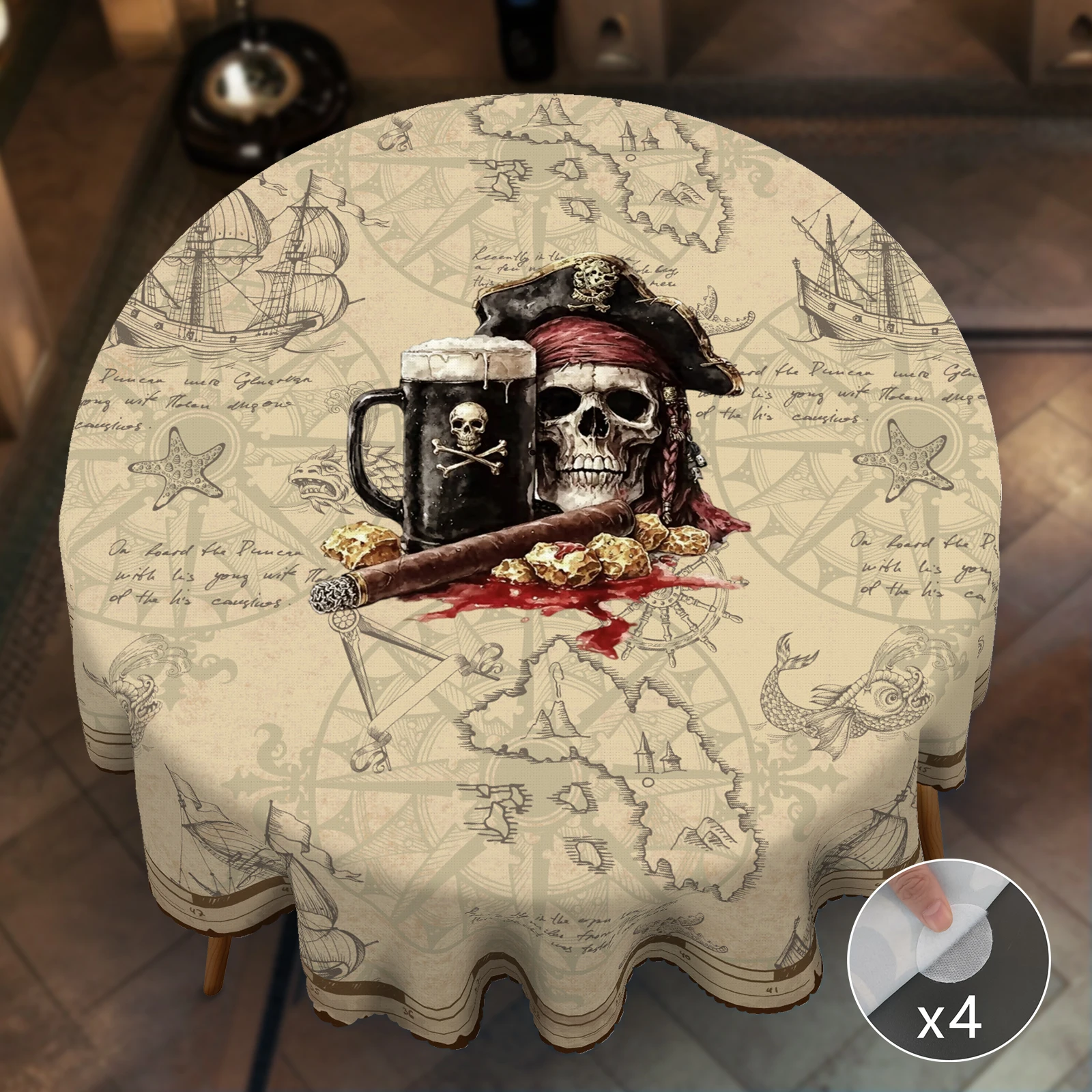 1 Piece, Pirate Ship Themed Polyester Tablecloth + 4 Self-Adhesive Stickers, Cigarette Beer Pirate Ship Skull Print Pattern, Embossed Edges, Round Rectangular Tablecloth, Suitable for Home Kitchen, Living Room Dining Table Balcony Coffee Table, Holiday Party Holiday Table Decoration Tablecloth, Outdoor Picnic Decoration, Coffee Table Tablecloth Table Cover, Perfect Holiday Gift, Spring Summer Autumn Winter Decorative Tablecloth Oo-097