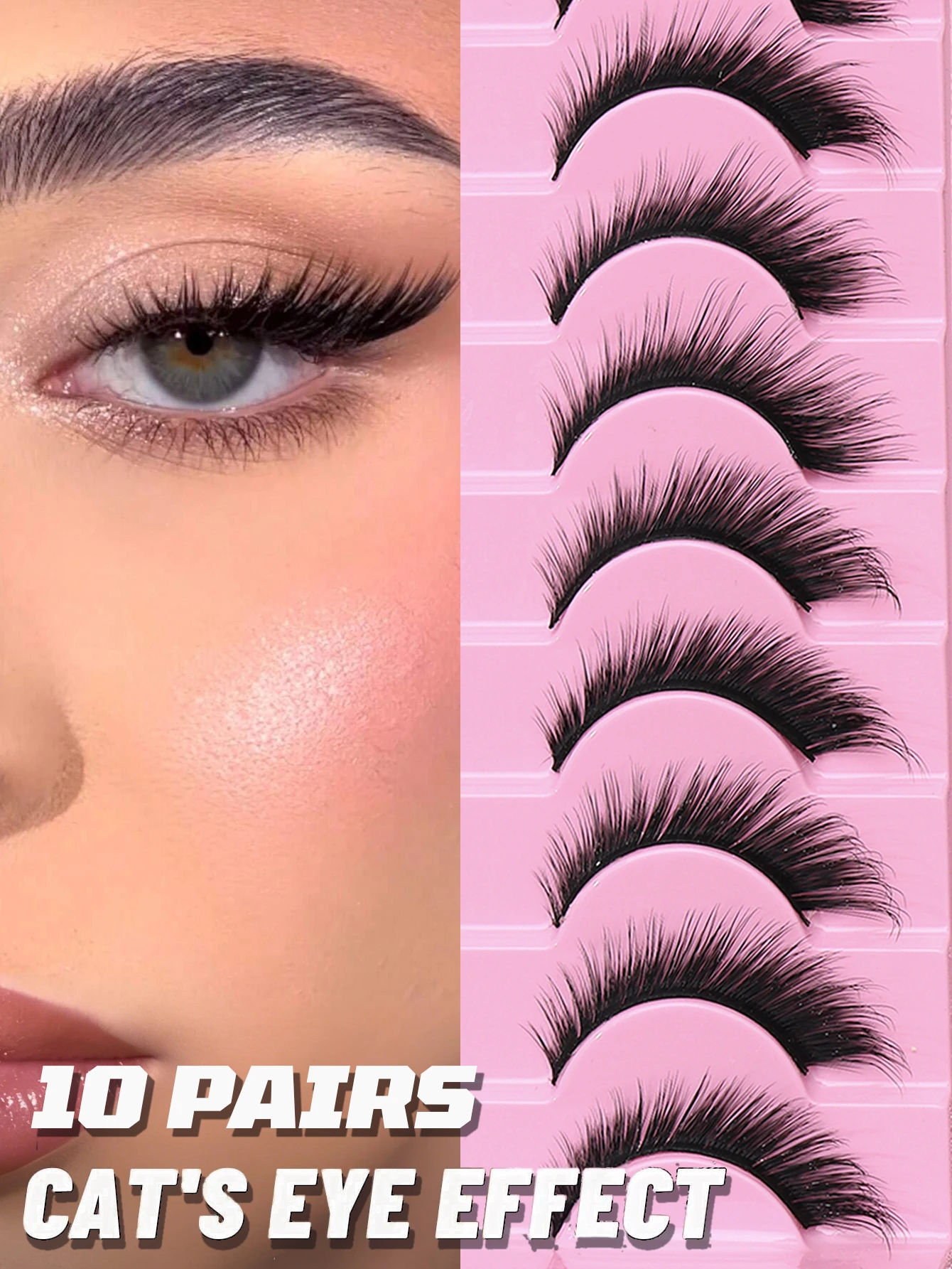 Fox Eye Fake Eyelashes 10 pairs, Wispy Extended Outer Corner Lashes, Comfortable Reusable Mink Eyelashes for Women