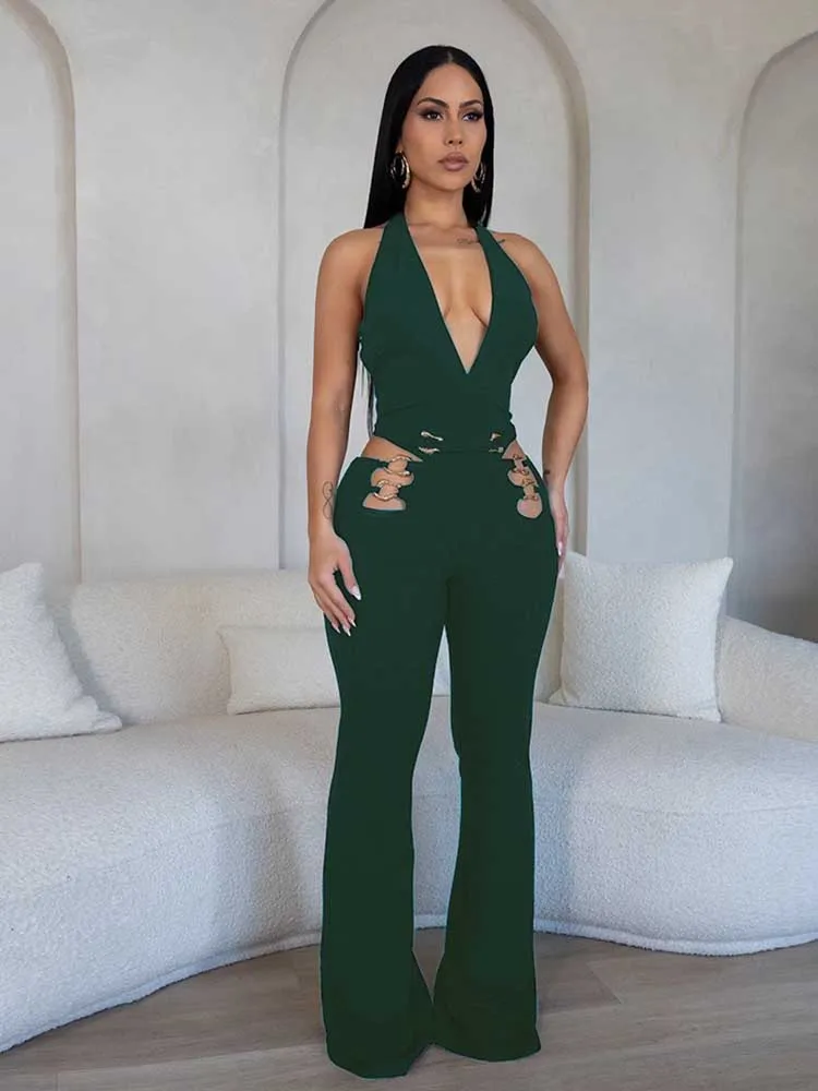 ホルターネックジャンプスーツワイドレッグ女性の夏服低背中の開いたジャンプスーツカットアウトウエストセクシーなジャンプスーツ卸売ドロップシッピング