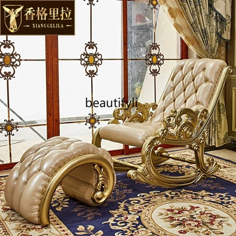 B178 European solid wood first layer cowhide leather rocking chair recliner balcony leisure lunch break chair bedroom furniture2