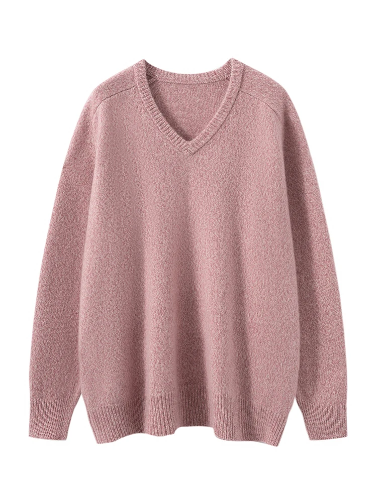 

TLOML New Women's 100% Cashmere Sweater V-neck Pullover Loose Simple Style Cashmere Knitwear Autumn Winter Soft Warm Comfy Tops