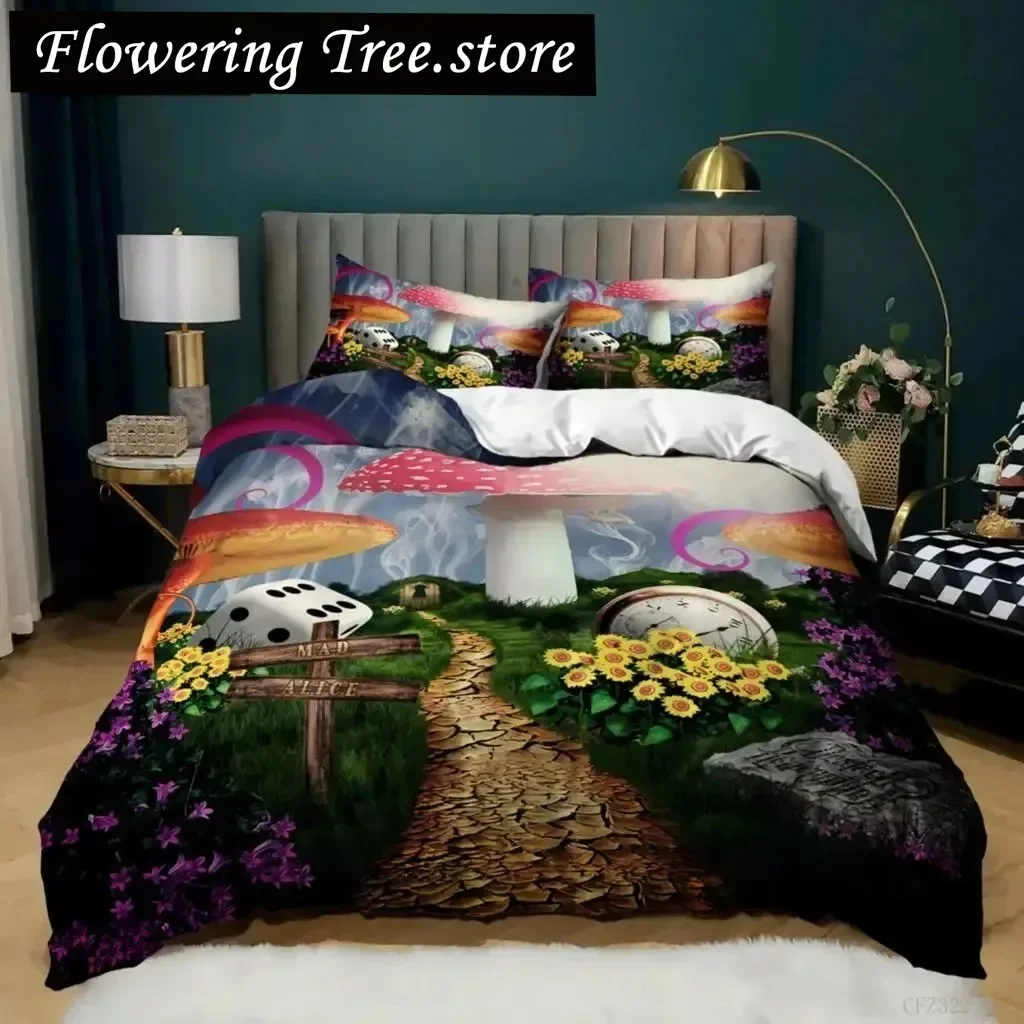

Mushroom Duvet Cover Set Queen Size Microfiber Mushrooms Ornate Doodles With Swirls Eyes Psychedelic Botany Bdding Set For Teens