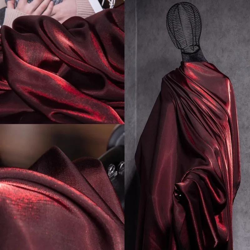 

Gradient Wine Red Glazed Silk Satin Fabric Clothing Pants Skirt Wedding Skin-friendly Breathable Bright Luster Fabric for Sewing