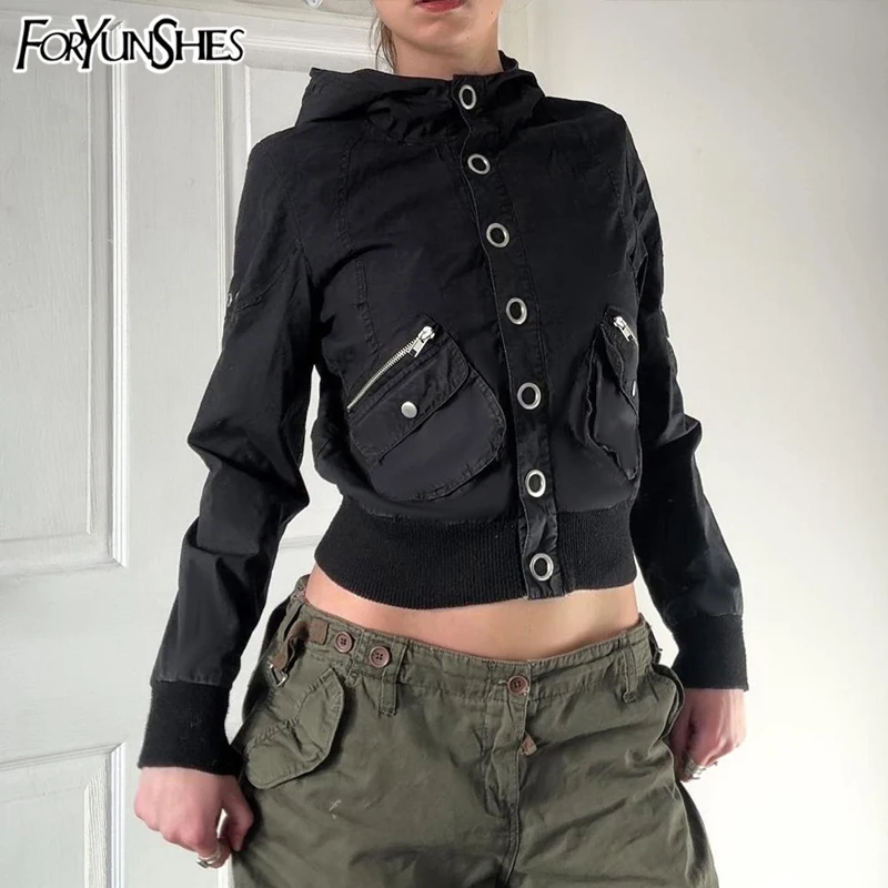 

Women Stand Collar Long Sleeve Jakcets Pockets Casual Punk Grunge Coat 2025 Fall Winter Harajuku West Y2K Clothes