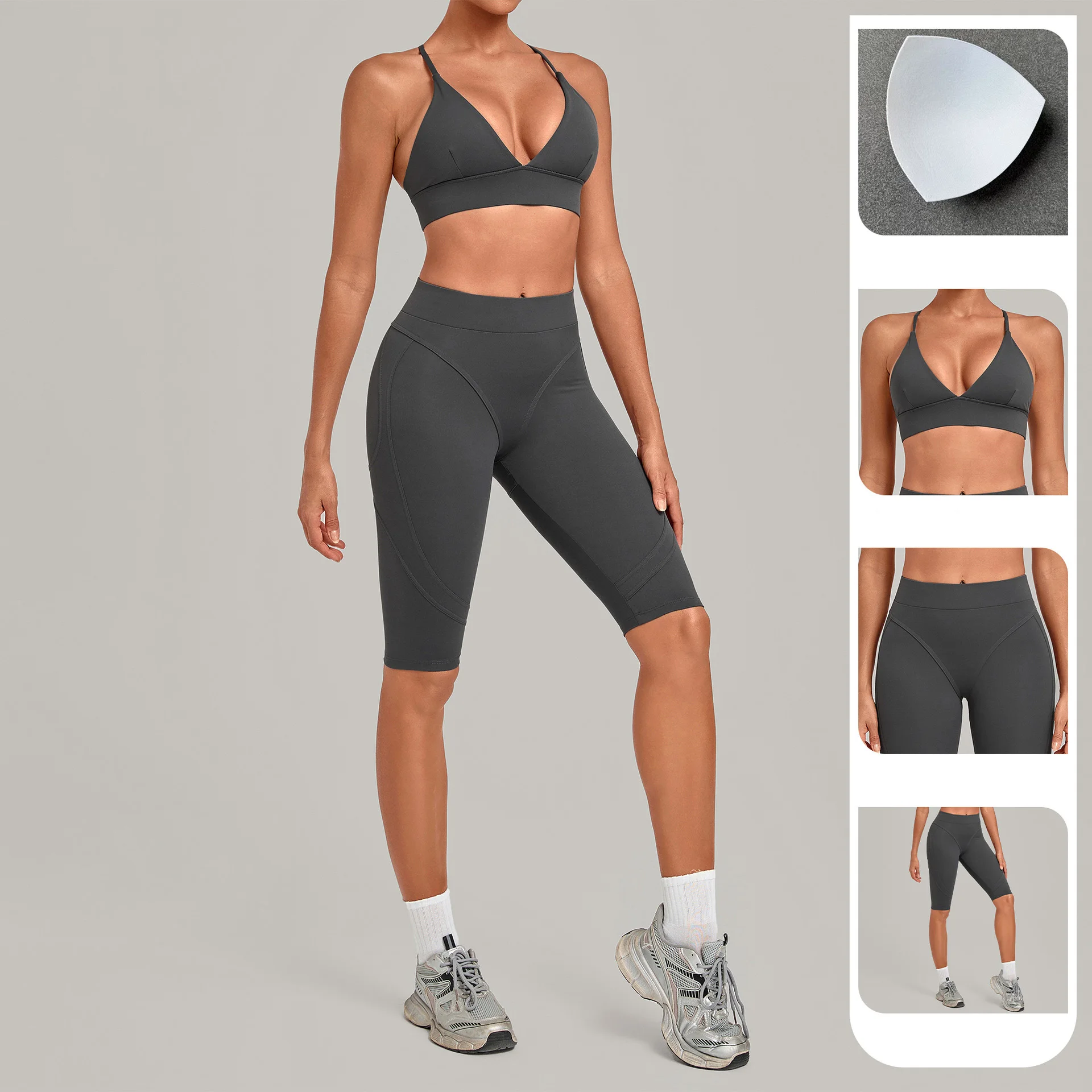 New 2 Piece Women Yoga Set Criss Cross Sports Bra High Waist Butt Lift Biker Shorts Gym Activewear