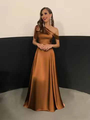 One Shoulder Bridesmaid Dresses for Women Satin Formal Dress A Line Pleated Evening Gown with Bow