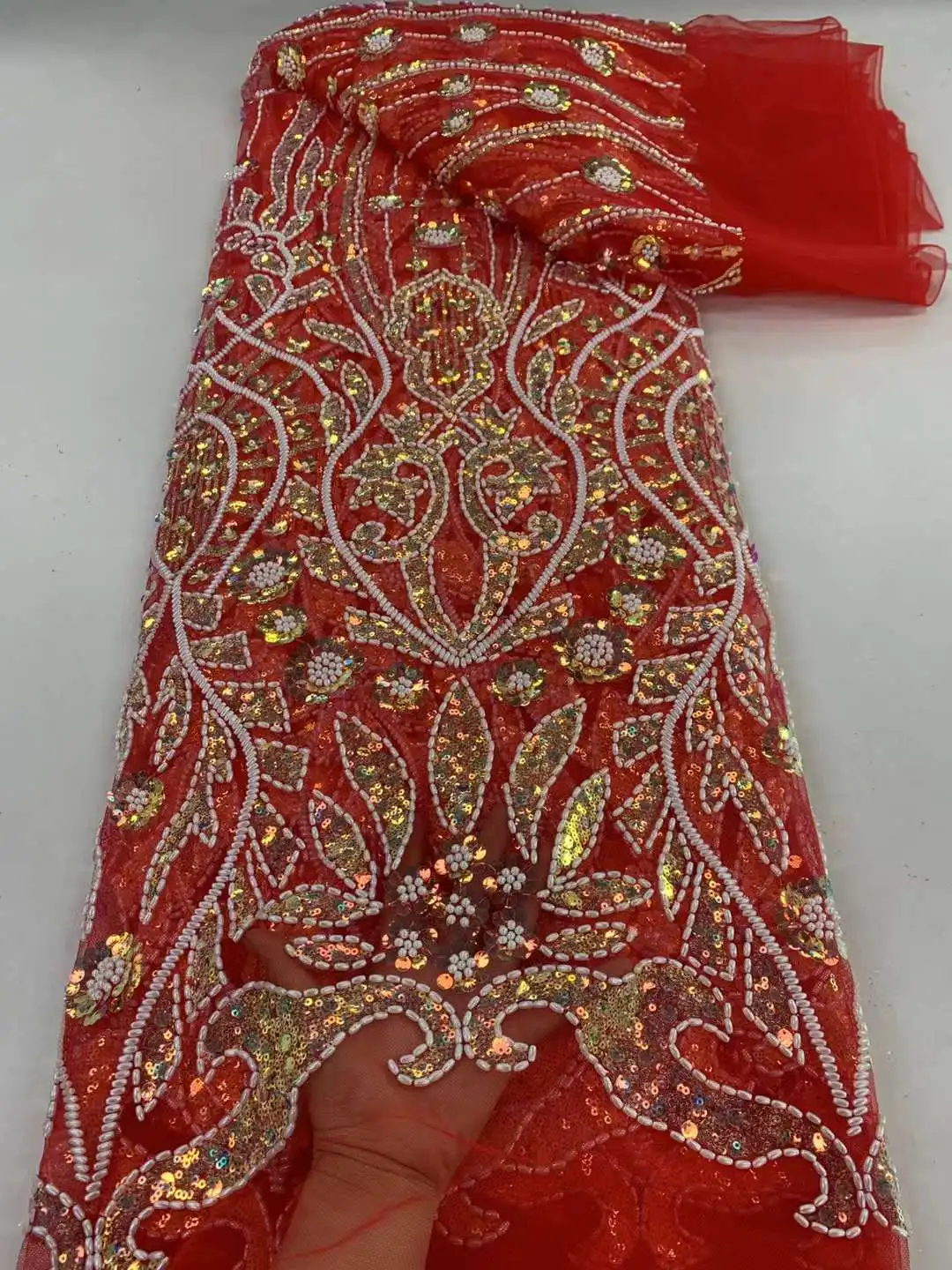 

african Heavy Beaded Lace Fabric 2024 High Quality Nigerian Sequins French Tulle Fabric Material For Wedding Party Zx