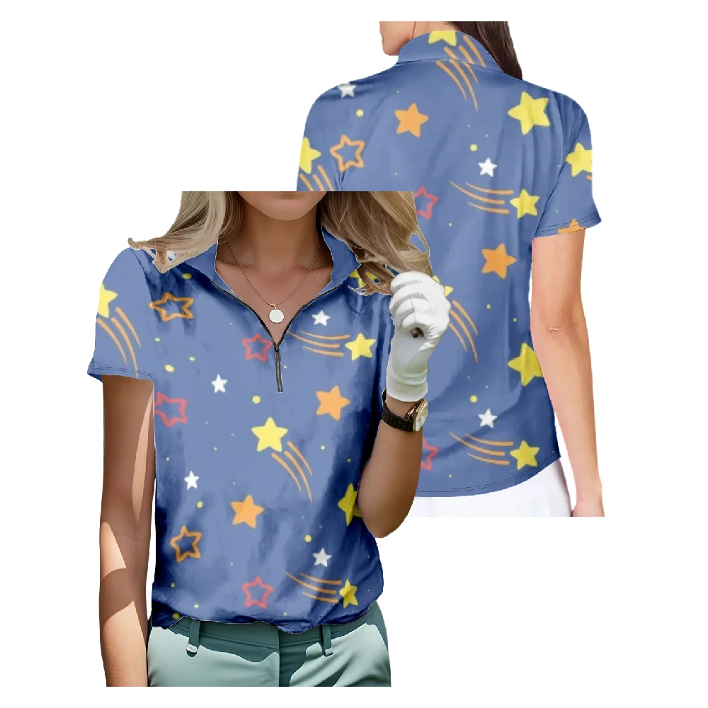 

Hand Drawn Star Design Short Sleeve Golf Shirt Breathable Quick Dry Half Zip Tops Fashion Streetwear Women Sportswear