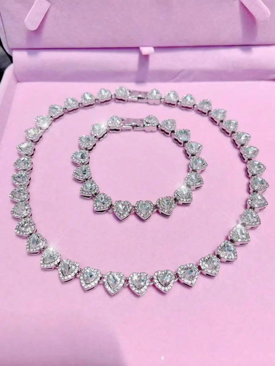 1pc/2pcs/1set Romantic Charming Classic Hip-Hop Style Elegant Sparkling Heart Bracelet Necklace Women's Fashion Jewelry
