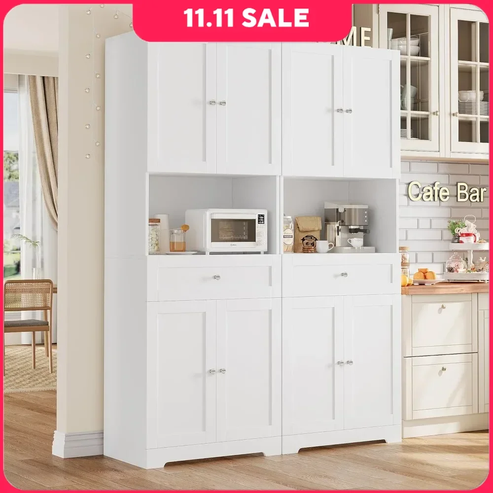 2 Pcs Tall Kitchen Pantry Storage Cabinet with Doors and Shelves, Kitchen Hutch Cabinets with Storage Drawer & Bar Cabinet