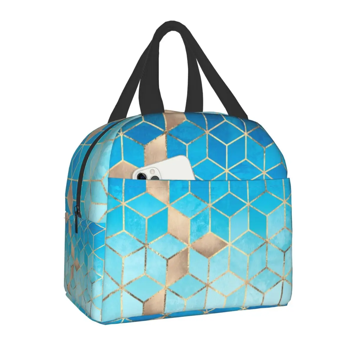 

Luxury Abstract Cubes Geometric Pattern Insulated Lunch Tote Bag for Women Portable Thermal Cooler Bento Box Camping Travel Bags