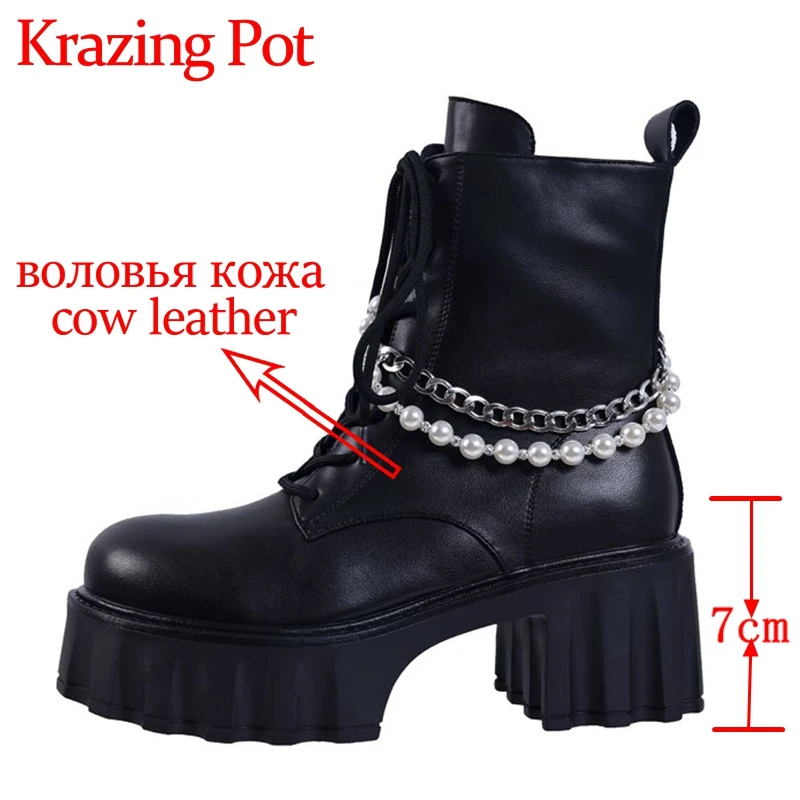 Krazing Pot-Botas de nieve de piel auténtica con punta redonda y tacones altos gruesos, plataforma de piel cálida, cadenas con cuentas, botines geniales con cremallera