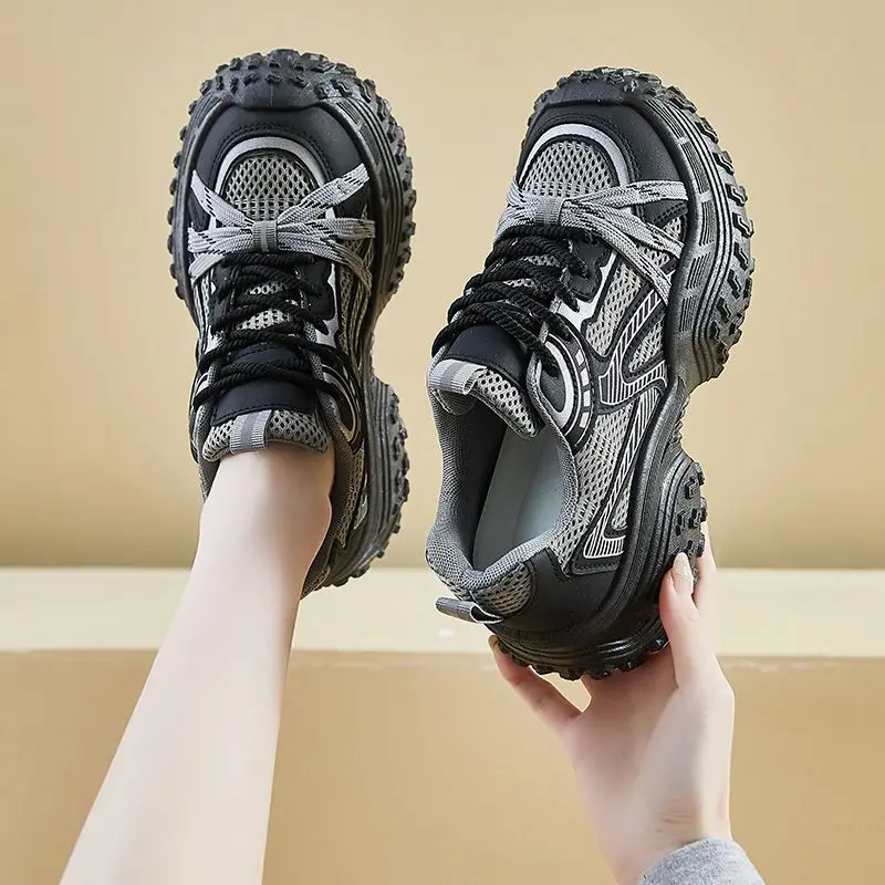 

Korean Style Women's 2025 New Spring Thick Sole Dad Shoes Mesh Breathable Height Increasing Casual Sneakers