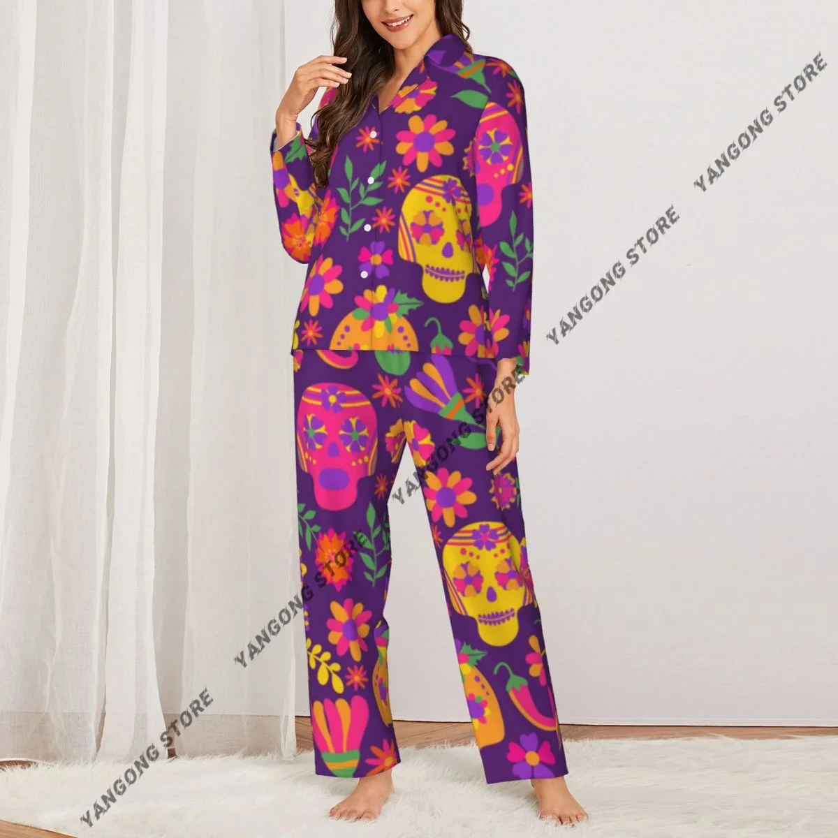 Women's Pajamas Long-sleeved Girl Loungewear Two-piece Set Dia De Los Muertos Pattern Pajamas for Autumn Spring