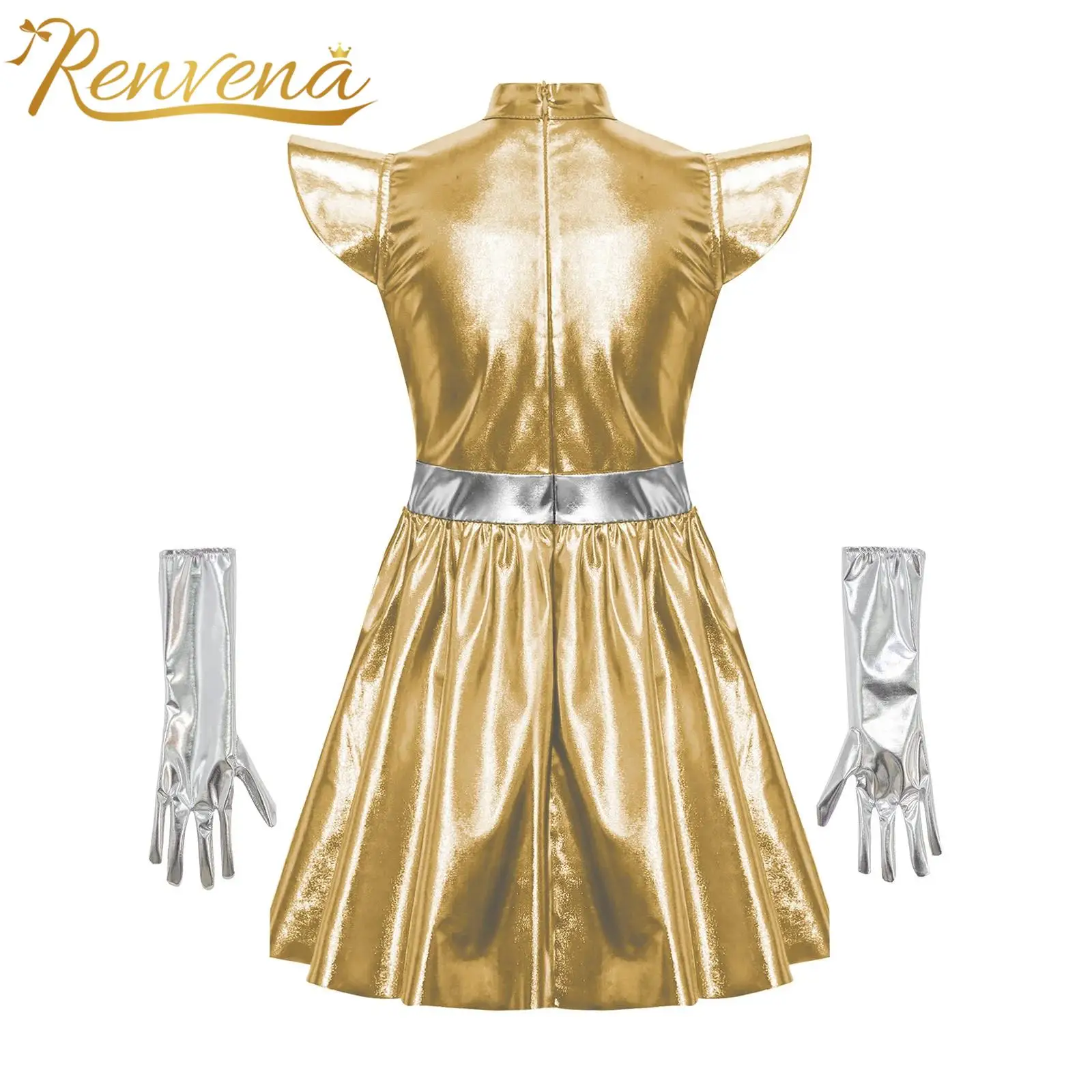 Girls Alien Costume Child Cosplay Outerspace Metallic Dress Flying Sleeve Theme Party Dress with Gloves Robot Fancy Dress Outfit