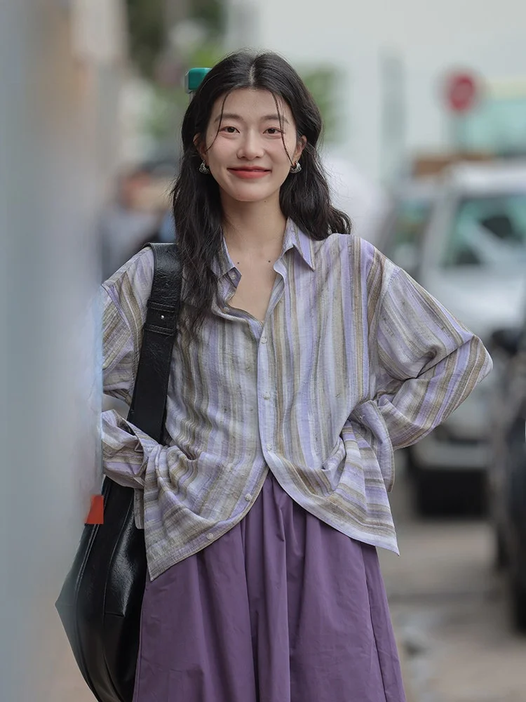 

Летняя женская свободная верхняя одежда в тонкую полоску irt Long Sve, повседневная одежда Aosphere Misd в фиолетовую полоску irt Fem, летняя тонкая одежда...