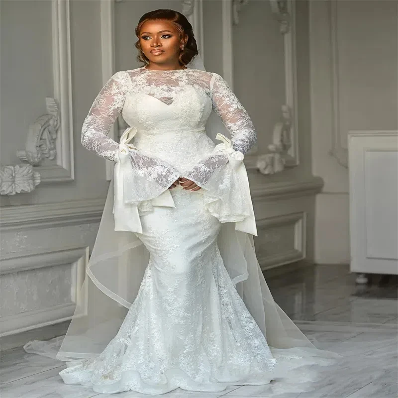 Customized Fashion Mermaid White Wedding Dress Crew Neck Long Sleeves Africa Nigeria Plus Size Classic Romantic Bridal Dress