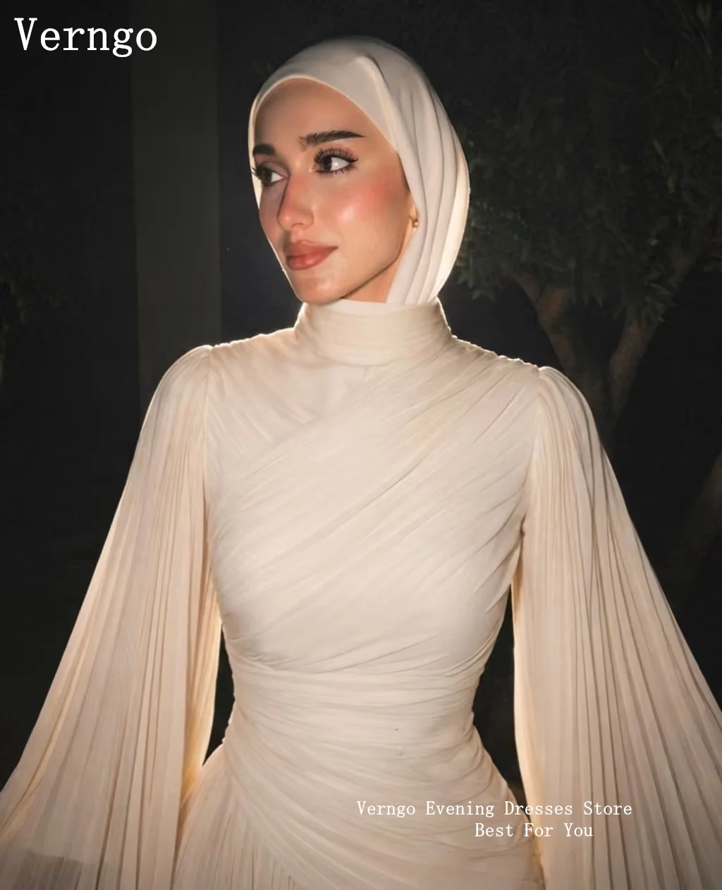 Image of Verngo Modest Abendkleid aus elfenbeinfarbenem Chiffon mit hohem Kragen, muslimische Ballkleider, volle Ärmel, A-Linie, plissierte Partykleider, individuell gestaltet