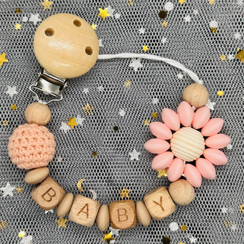 HOT Custom Name Wooden Personalized Beech Baby Pacifier Chain Clip Silicone Bead Nipple Holder Teether Pendant Newborn Toys Gift