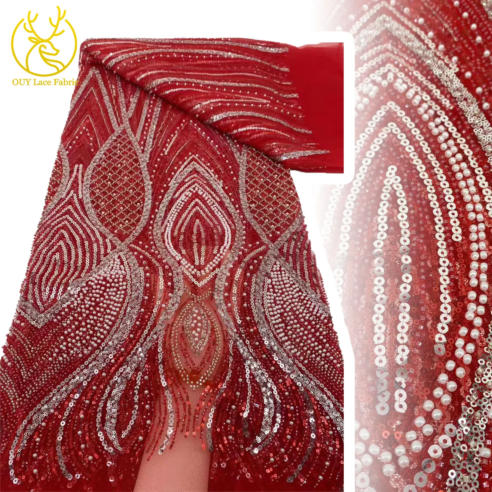 

Red Newest African Sequin Beaded Lace Fabric 5 Yards French Nigerian Groom Embroidery Tulle Lace Fabric Bridal Gown Sewing