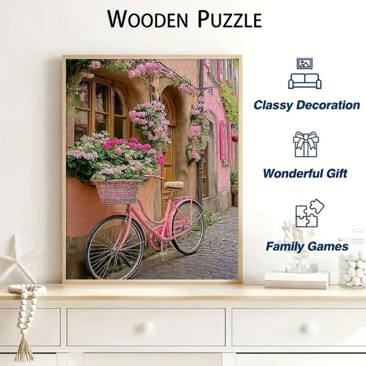 500/1000/1200pcs Extra Large Jigsaw Puzzle - European Village Scene with Pink Bicycle, Floral Houses & Cobblestone Streets - T