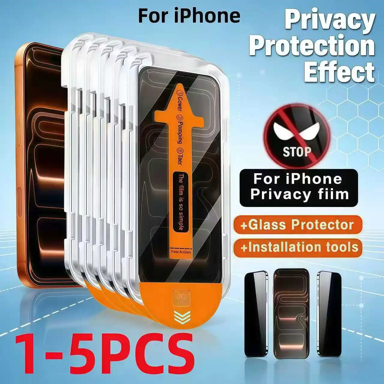 1-5 pezzi di vetro anti-spia di facile installazione per iPhone17Air 11 12 13 14 15 16 ProMax 7 8 Plus Mini X XR XS protezione dello schermo privacy