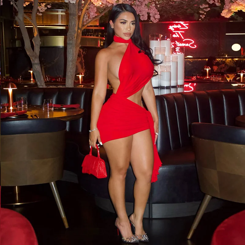 2025 Sexy Hollow Out Bodycon Dress Women Backless Lace Up Ruched Ribbon Waistless Mini Clubwear Night Party Slim Fit Outfit New