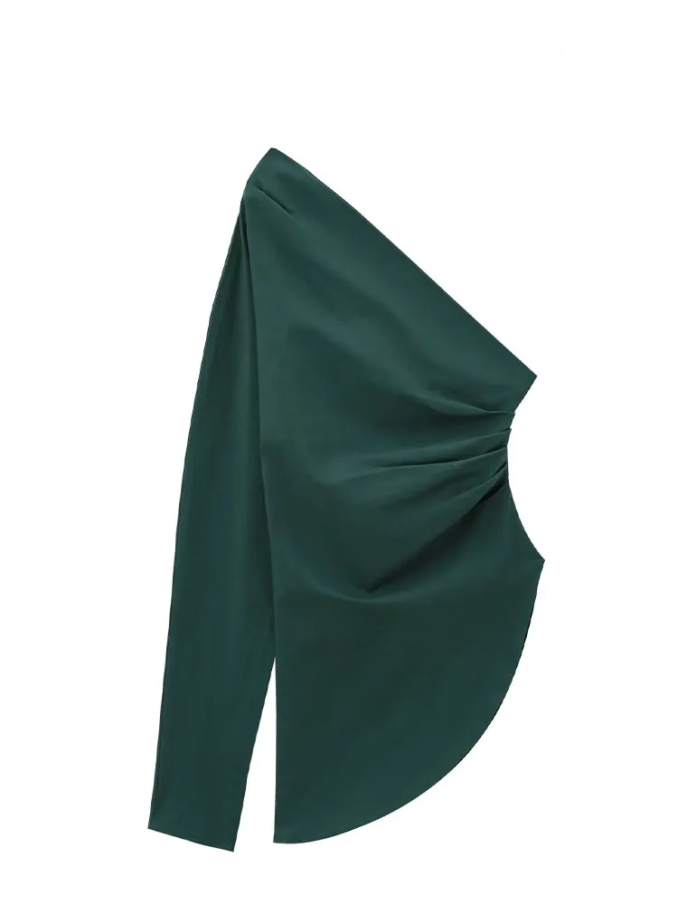 HH أزياء الخريف النسائية الصلبة 5 ألوان طيات غير متناظرة واحدة الكتف القمم الإناث تصميم غير رسمي الشعور مطوي الديكور