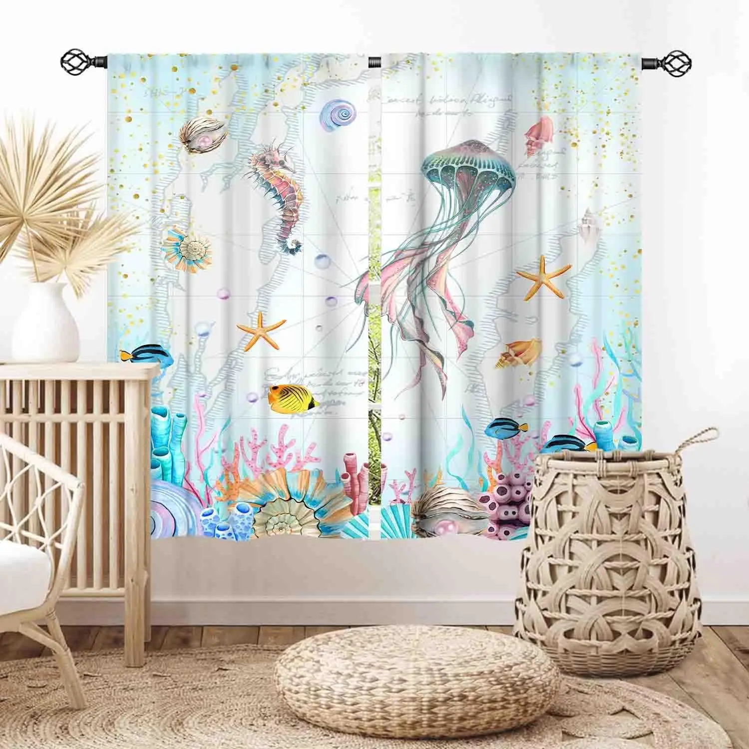 Marine Life Ocean Map Theme Curtain 2 Panels Tropical Fish Seashell Coral Pale Blue Base Living Room Fresh Coastal Home Decor