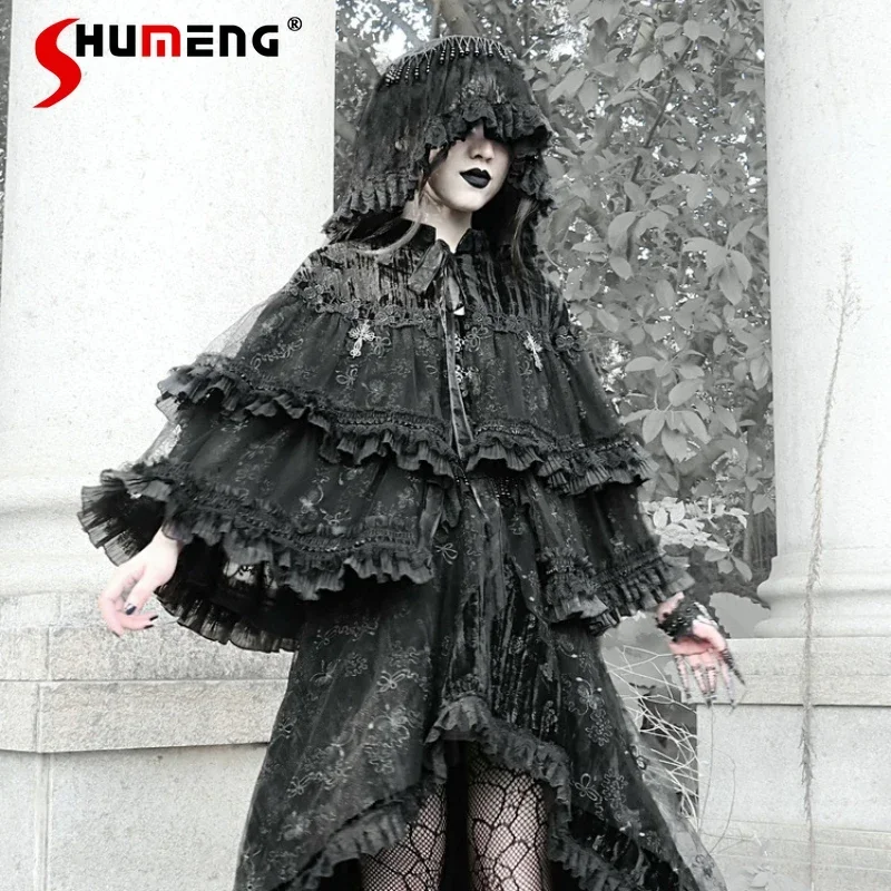 Original Design Christmas Cosplay Black Capes Women's Gothic Dark Lace Stitching Lace-up Heavy Industry Velvet Cloak Jacket