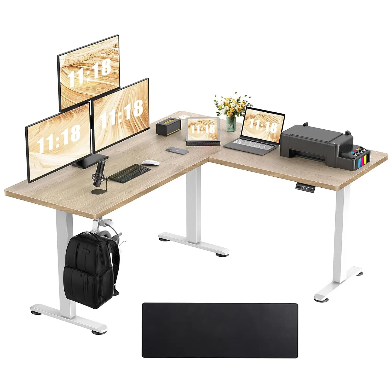 L Shaped Electric Standing Desk Adjustable Height Corner Workstation With Mouse Pad & Hook 63x55in Oak Grey, Customized