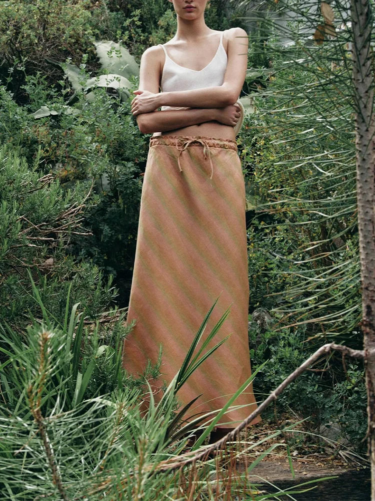 

European and American style summer new women's clothing simple lace-up linen blended mid-waist A-line hem midi skirt