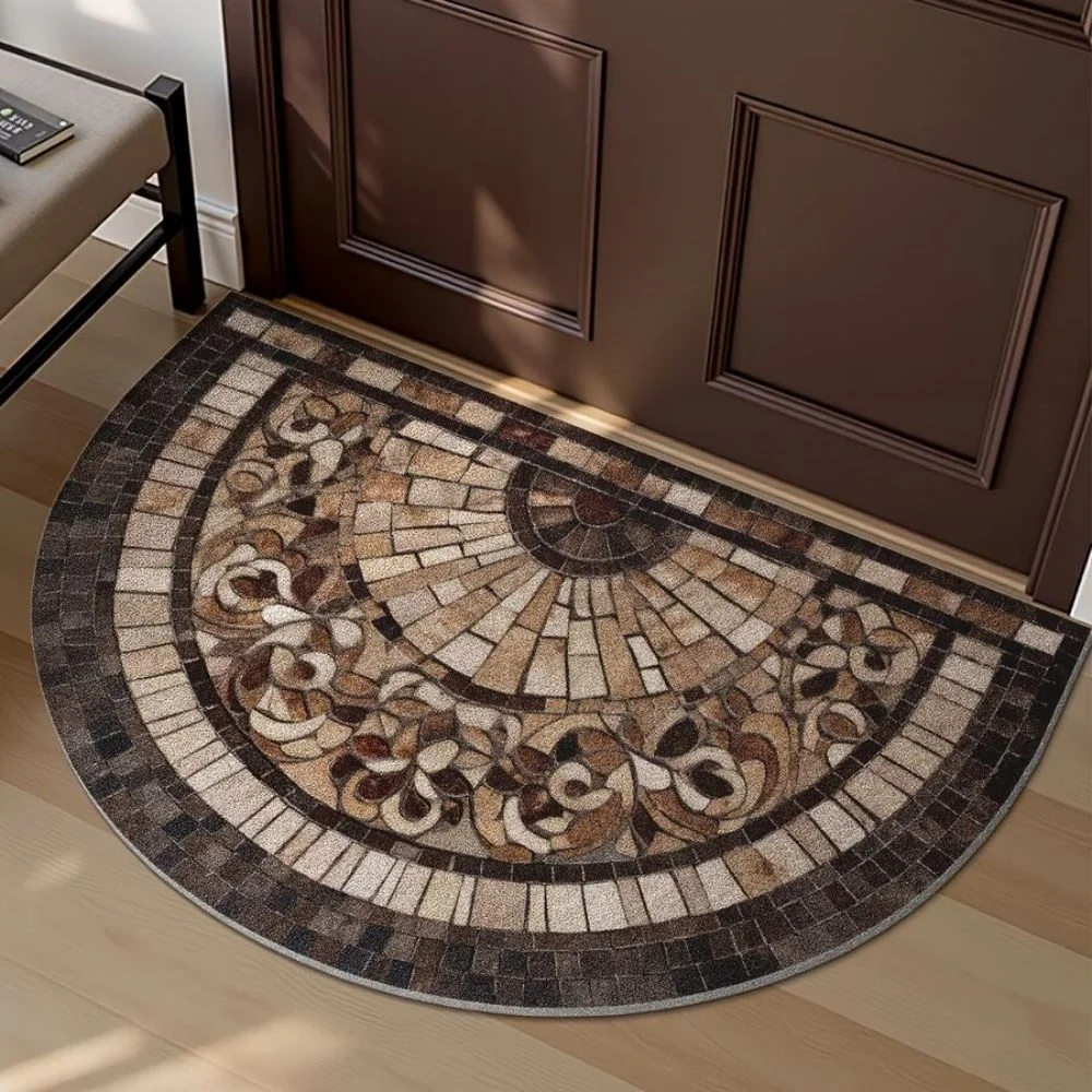 VIKAMA Retro Semi-Circular Welcome Door Mat Washable Non-Slip Floor Mat Indoor and Outdoor Entrance Carpet Home Decoration