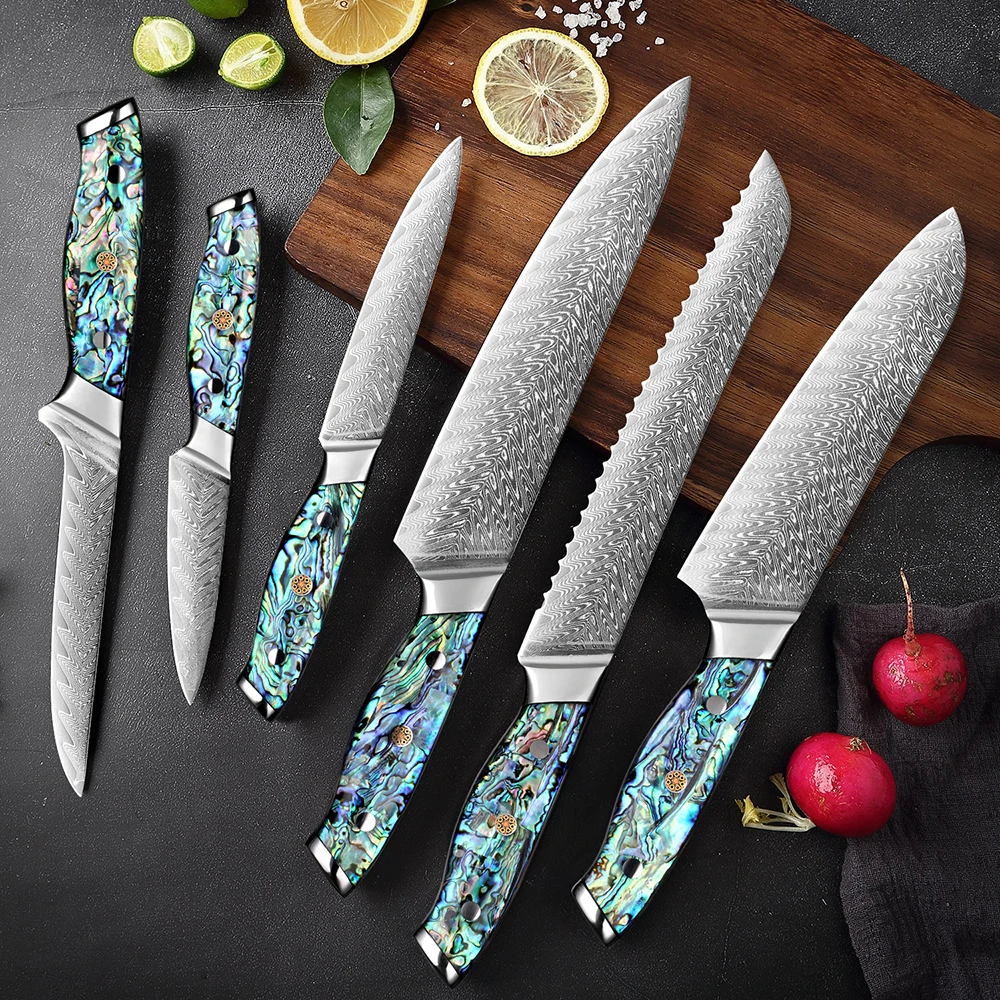 Damascus Steel Kitchen Knife 1-6PCS Set Super Sharp Full Tang Chef Knife Boning Knife Santoku Knife Shell Acrylic HandleHandle