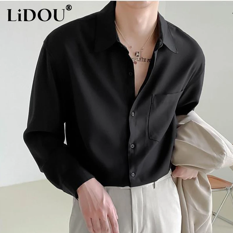 Spring Autumn Trendy Fashion High-end Male Blouse Long Sleeve Simple Casual Chic Shirt Loose Drape Solid Color All Match Top Men