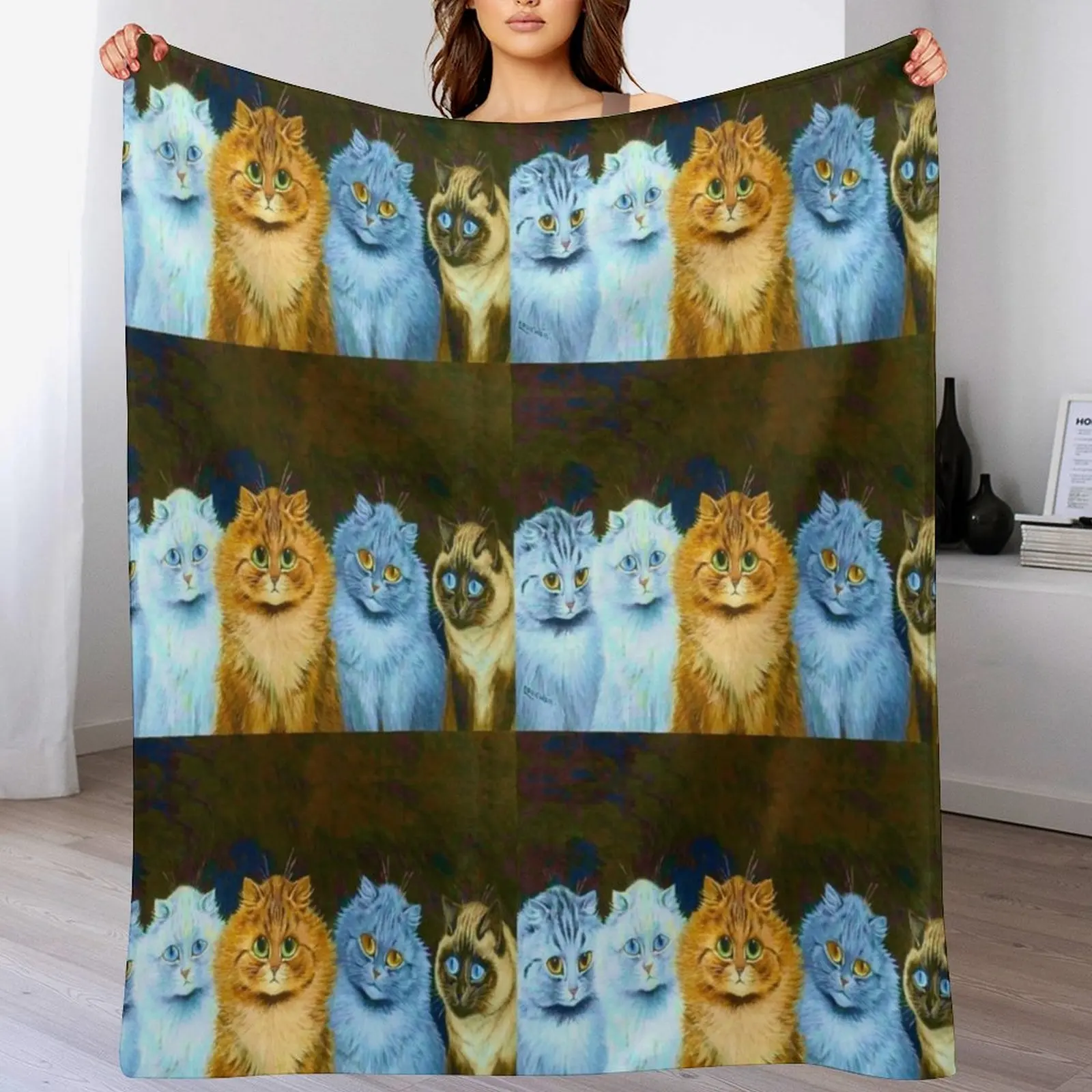 Louis Wain 'Five Big Eyed Cats' Cat Painting Victorian Throw Blanket Plush Summer Beddings Blankets