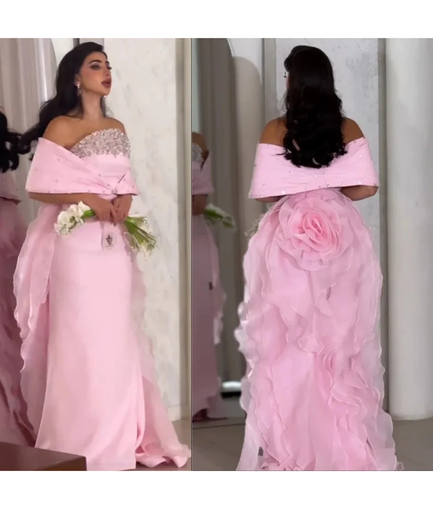

MCDV Customized Graceful Jersey Mermaid Off the Shoulder Ruffles 3D Flowers Crystal Evening Dress Delicate Celebrity Gowns