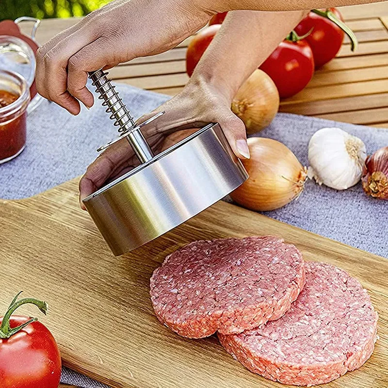Prensa antiadherente para hacer hamburguesas, molde de bola de arroz Manual redondo de acero inoxidable 304, grosor ajustado, herramientas de cocina para barbacoa de ternera
