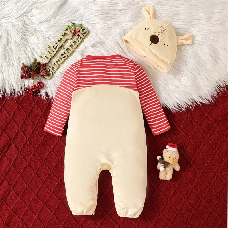 Baby 2Pcs Christmas Outfits Long Sleeve Round Neck Reindeer Romper Hat Set Holiday Clothes