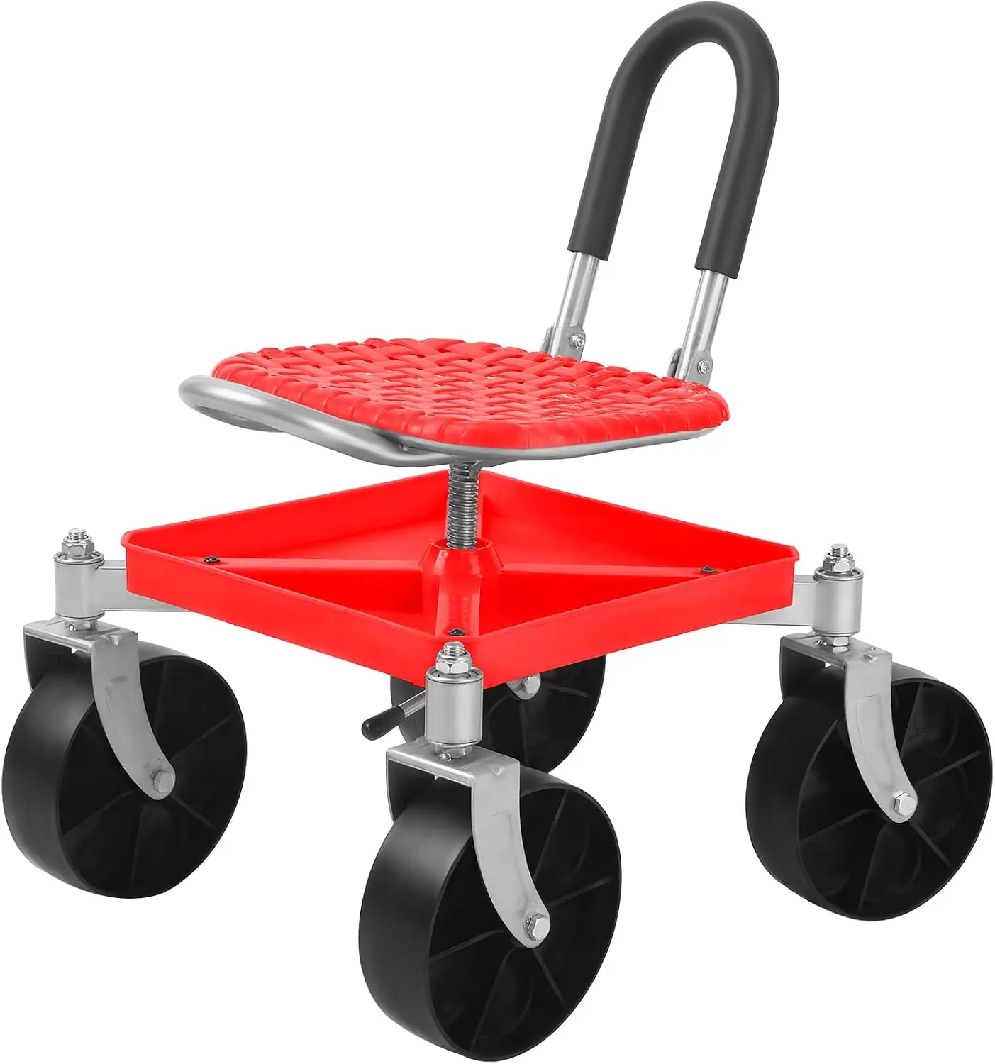Rolling Garden Cart Seat, Height Adjustable Gardening Stool with Three Hundred Sixty Degree Swivel Workseat, Metal Frame Lawn Scooter with Storage Underseat Tool Tray, Yard Patio Farm Utility Cart, Red