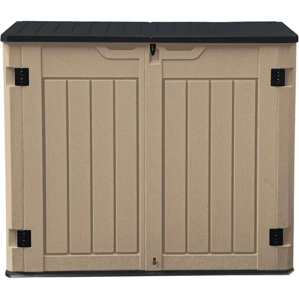 Outdoor Horizontal Storage Shed, Waterproof Resin, with Floor and Access for Garden Tools, Easy Assembly, Brown