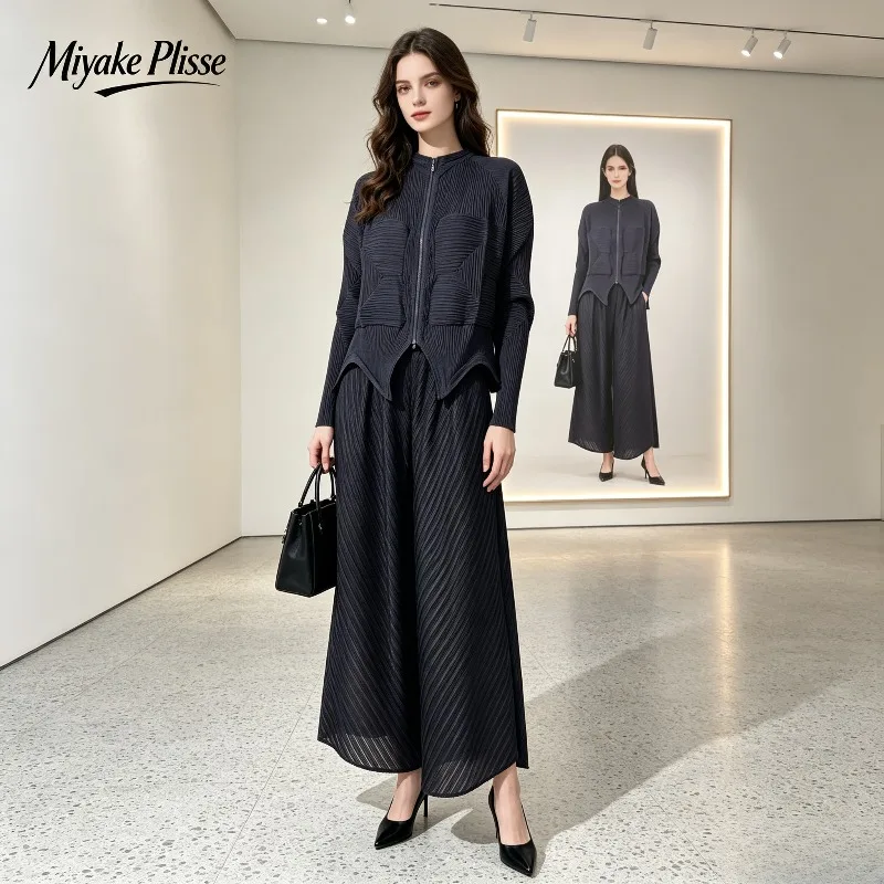 Miyake Pleated 2026 Stand Collar Zipper Cardigan Jacket Autumn Niche Design Irregular Hem Three-dimensional Flower Bud Top Pleat