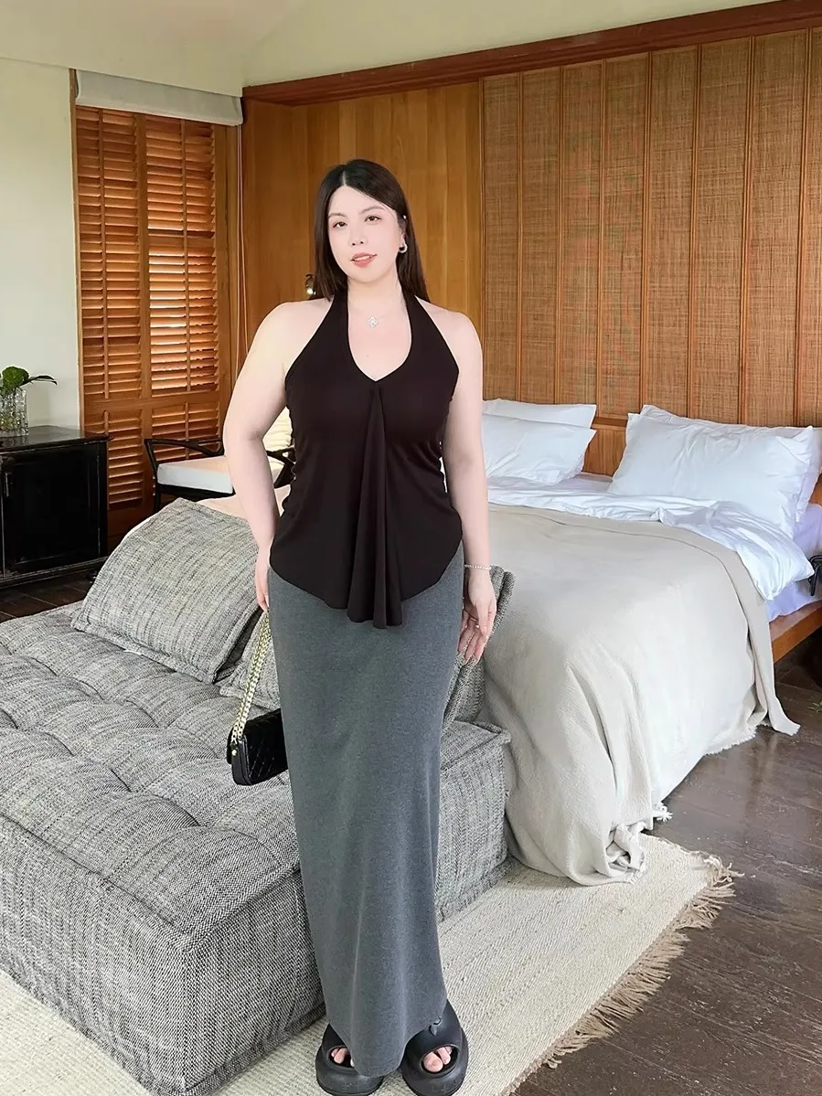 

Gray A-Line Midi Skirt High Waist Draped Casual All-Season plus Size Simple Slimming Skirt for Pear Body Types