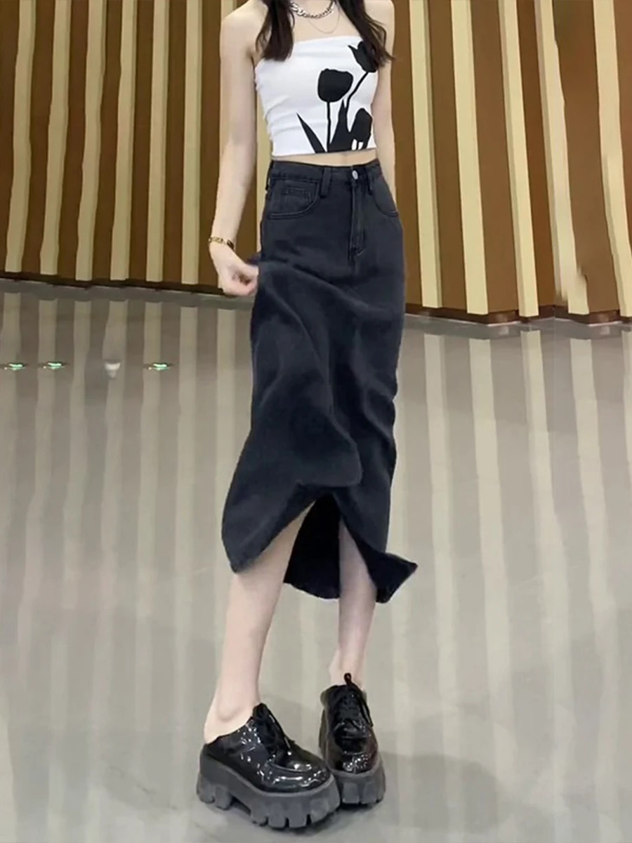 กระโปรงทรงเอเอวสูงความยาวปานกลาง ผ้าเดนิม ผ้าไหมน้ำแข็งบางเบา ไซส์ใหญ่ แฟชั่นฤดูร้อนสำหรับผู้หญิง สไตล์หวานแบบนักเรียน