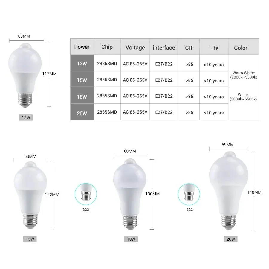 12W 15W 18W 20W PIR Motion Sensor LED Light Bulb E27 85-265V Human Infrared Sensor Bulb For Living Room Home Corridor Garage