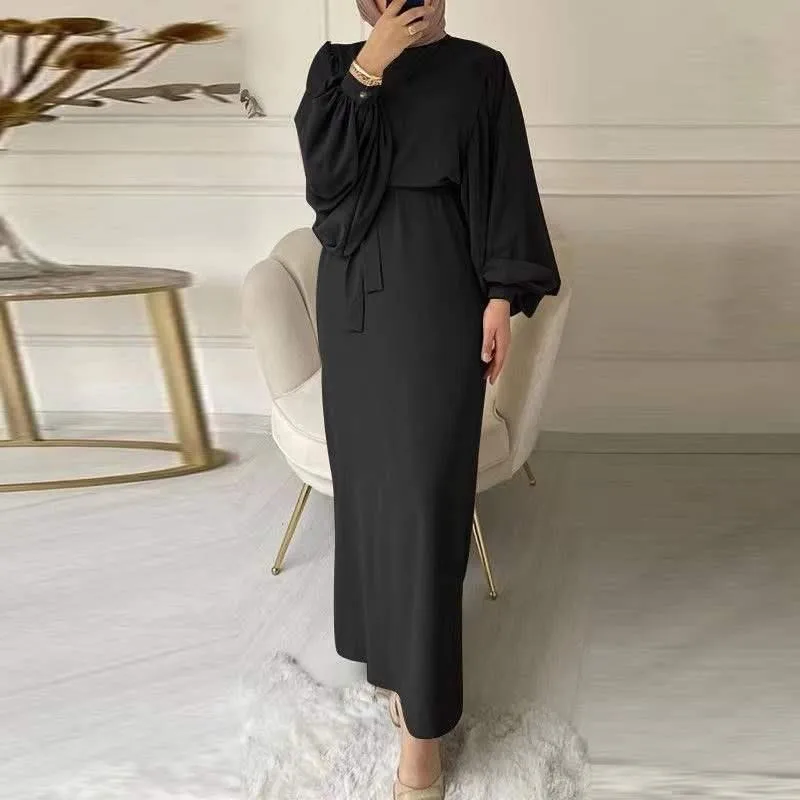 Boho Women\'s Dress Spring Fall Fashion Lantern Long Sleeve Belt Bag Hip O-Neck Casual Maxi Dresses For Women Robe Vestidos