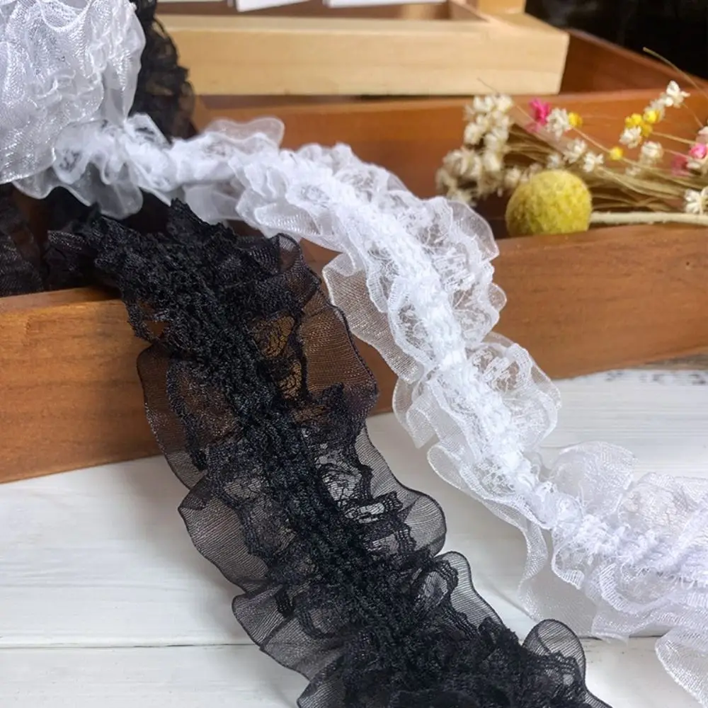 Fluffy 4cm Wide Pleated Lace Trim Double Layers White Black Embroidery Lace Fabric 1 Yards Elastic Sewing Lace Trim For Clothing