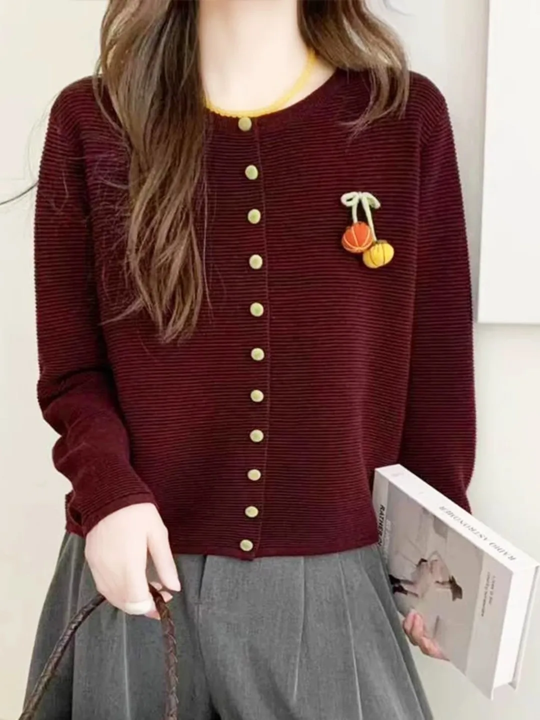 Spring Autumn 2026 round Neck Fashionable Small Pumpkin Long Sleeve Loose Knitted Open Cardigan Outerwear Women Casual Style