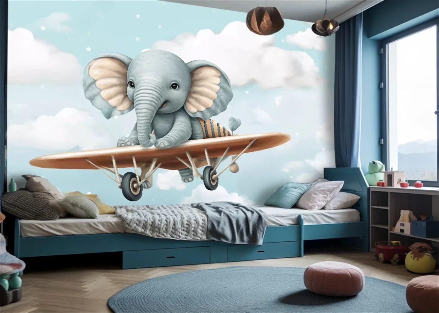 حجم مخصص جدارية صور الكرتون غرفة الأطفال الفيل مفتوحة الكرتون طائرة ورق حائط الخلفية جدارية خلفية ثلاثية الأبعاد #2