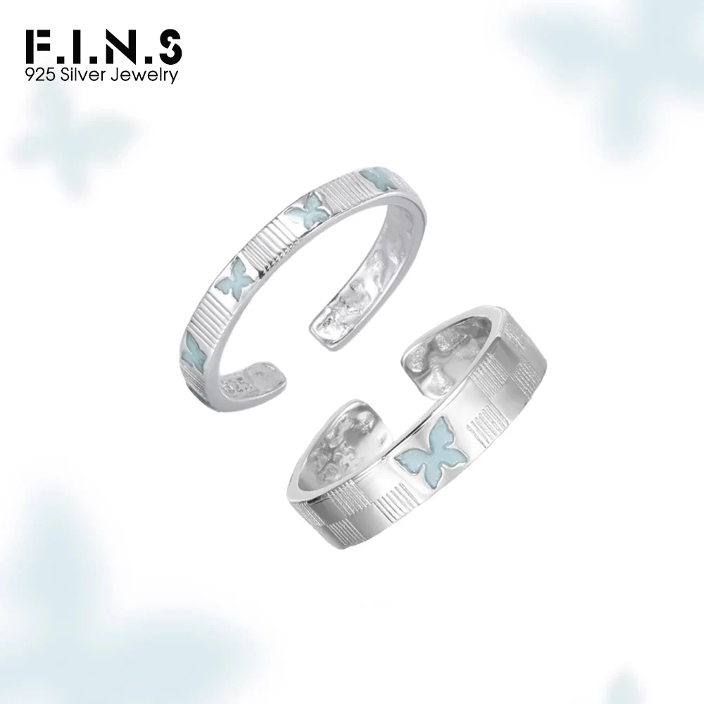 

F.I.N.S Original Chessboard S925 Sterling Silver Ring Blue Drip Glue Butterfly Open Adjustable Stacked Index Finger Fine Jewelry